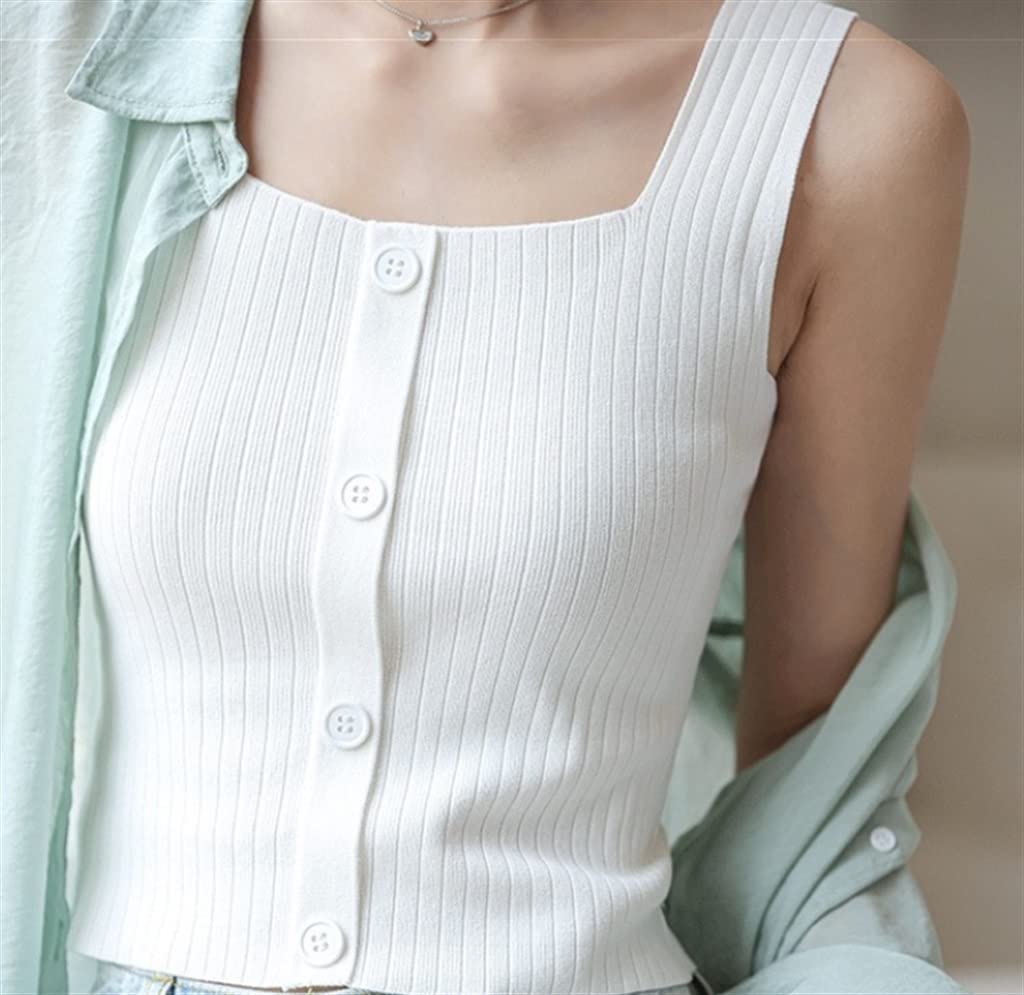 Button Sleeveless Knit Crop Tank Top