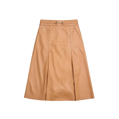 High Waist Midi Pleated Leather Skirt