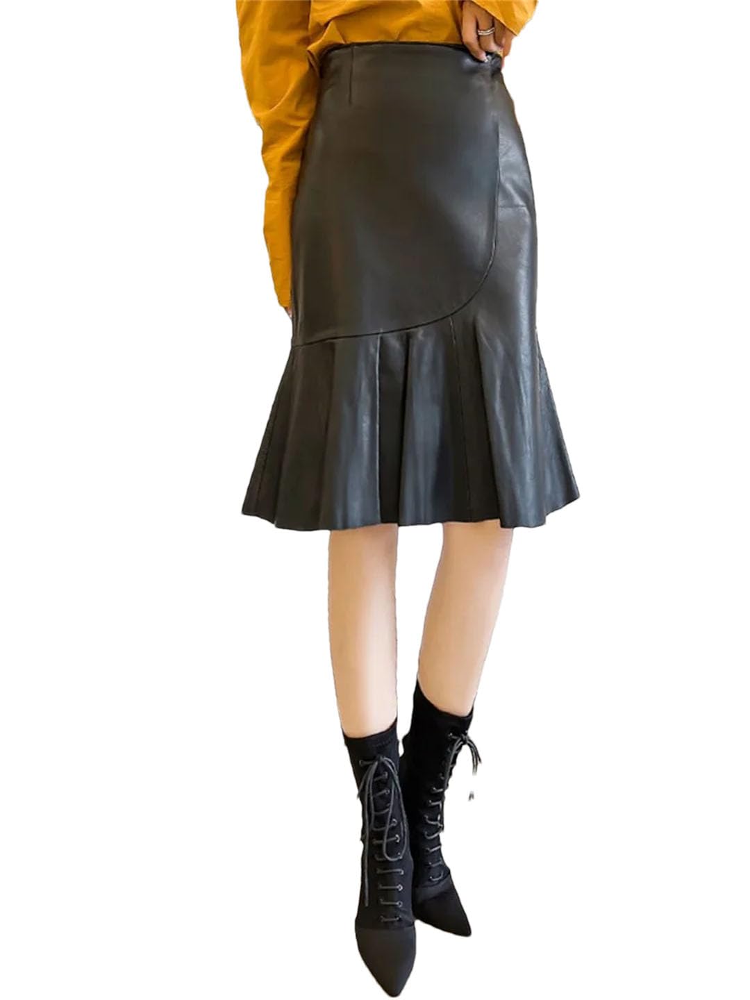 High Waist Knee-Length Mermaid Leather Skirt