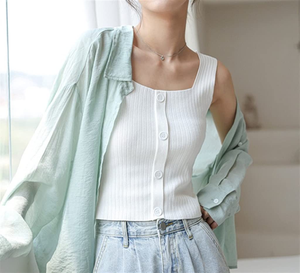 Button Sleeveless Knit Crop Tank Top
