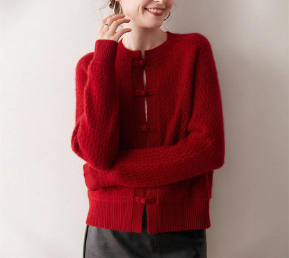 Embroidered Hollow Knit Open Cardigan Sweater