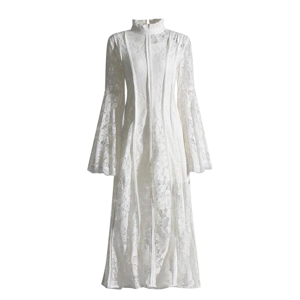 Stand Collar Flare Sleeve Embroidered Waist Dress