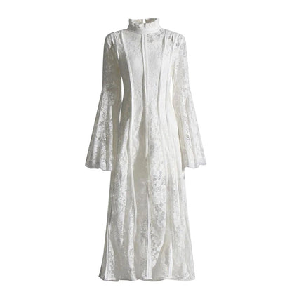 Stand Collar Flare Sleeve Embroidered Waist Dress