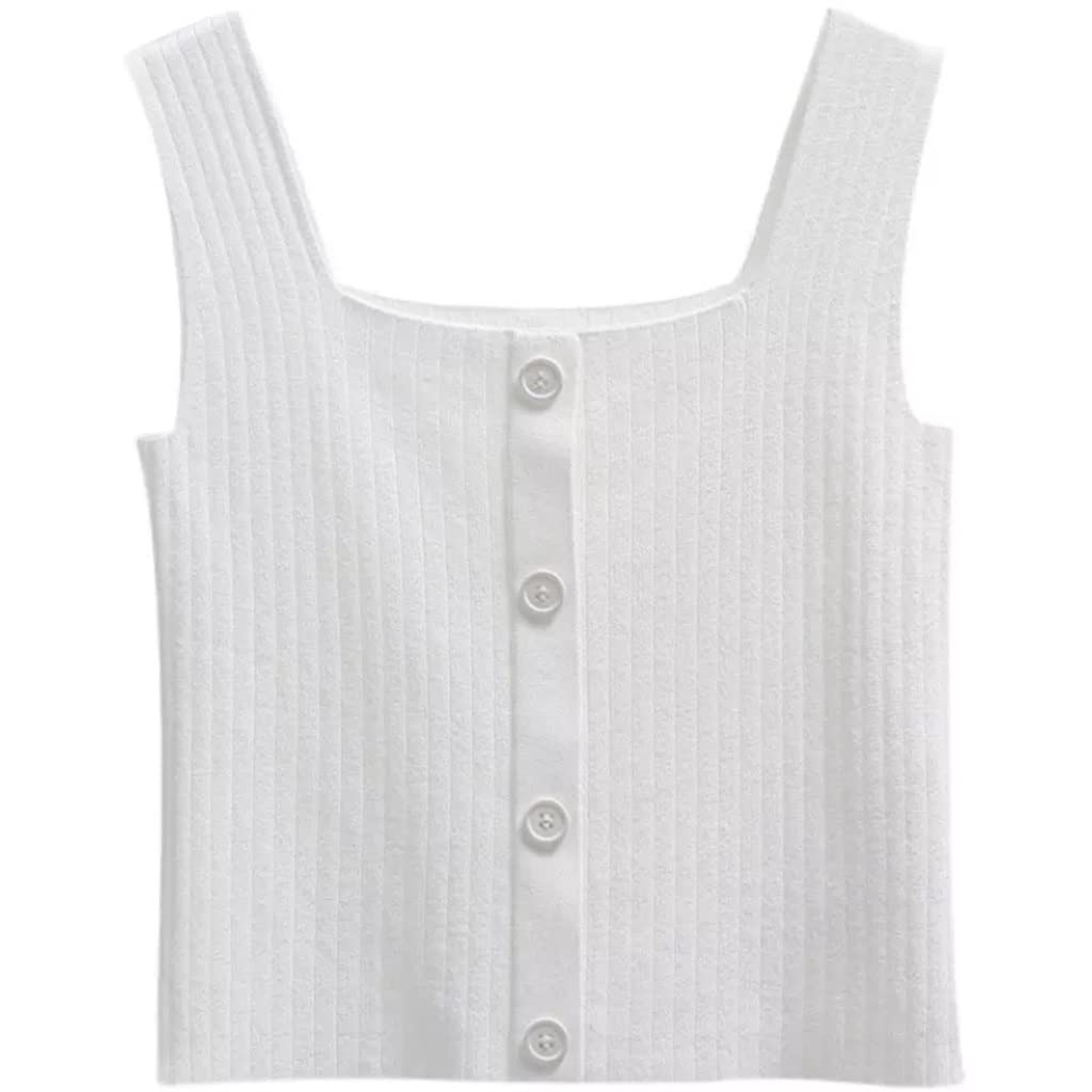 Button Sleeveless Knit Crop Tank Top