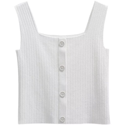 Button Sleeveless Knit Crop Tank Top