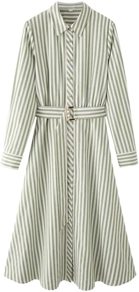 Striped Belted Shirt Maxi Dress