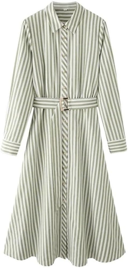 Striped Belted Shirt Maxi Dress