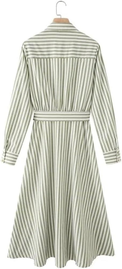 Striped Belted Shirt Maxi Dress