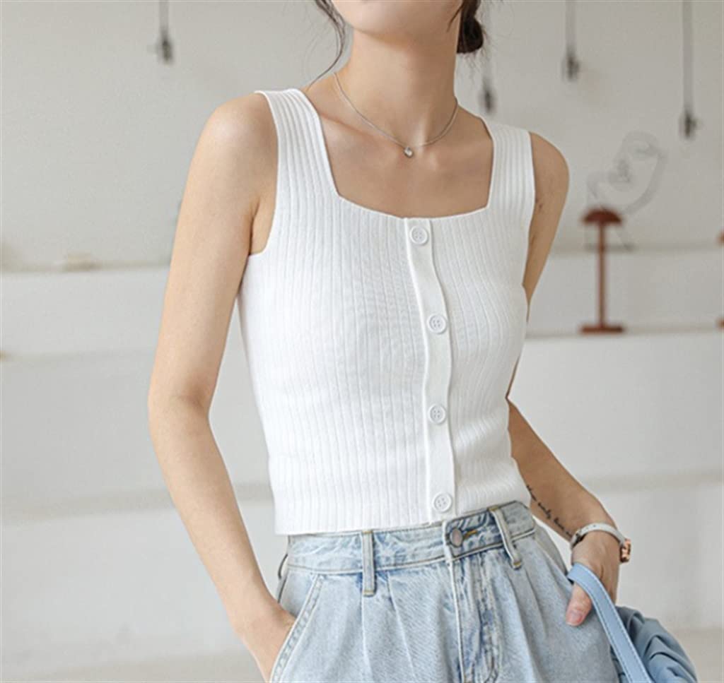 Button Sleeveless Knit Crop Tank Top