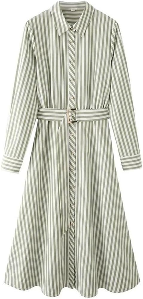 Striped Belted Shirt Maxi Dress