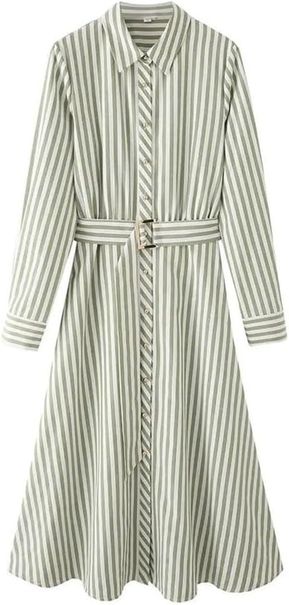 Striped Belted Shirt Maxi Dress