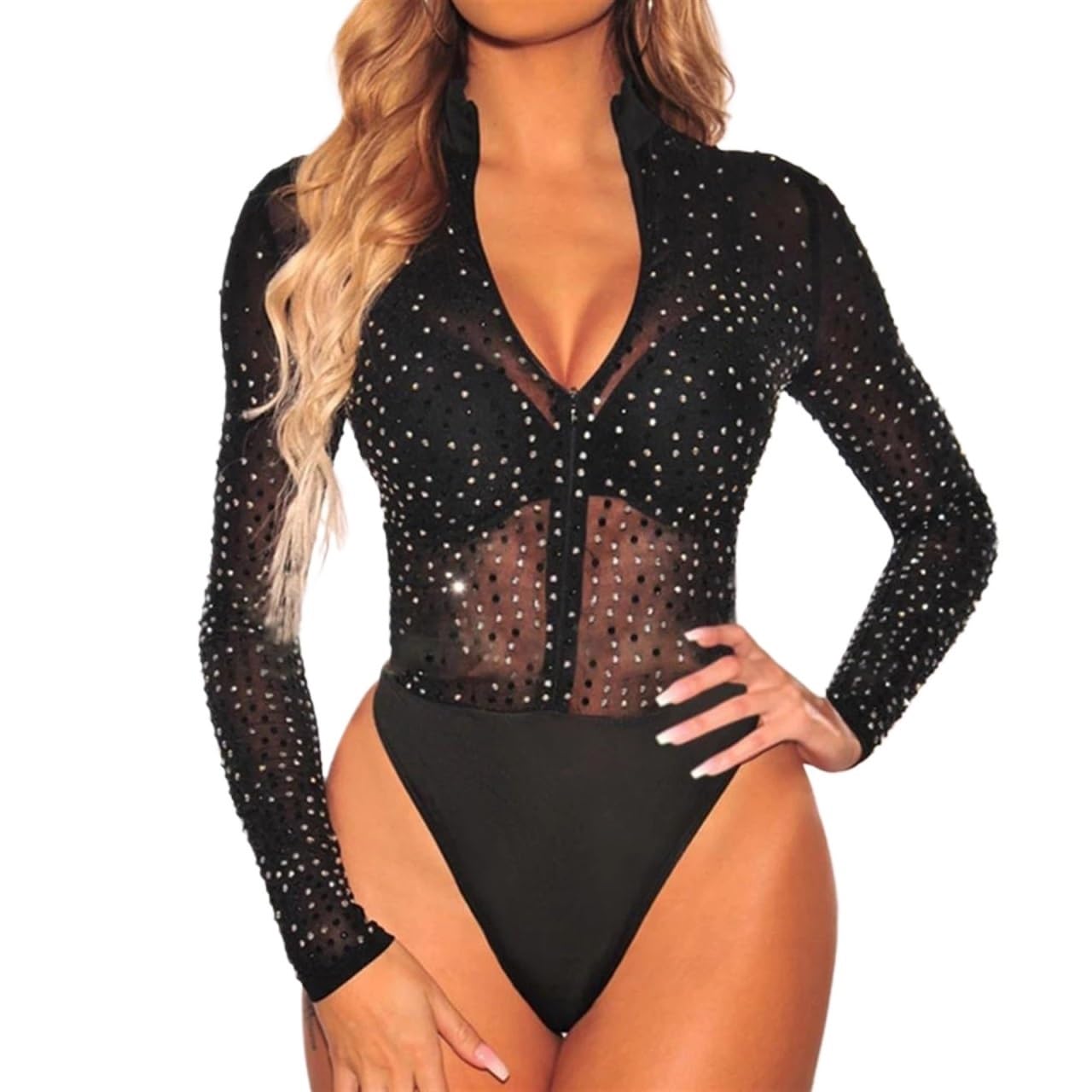 Rhinestone Mesh Mock Neck Long Sleeve Bodysuit