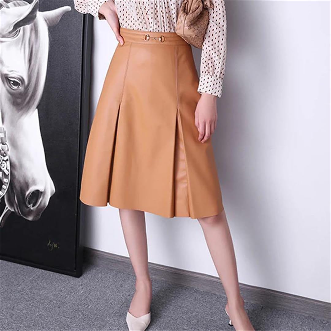 High Waist Midi Pleated Leather Skirt