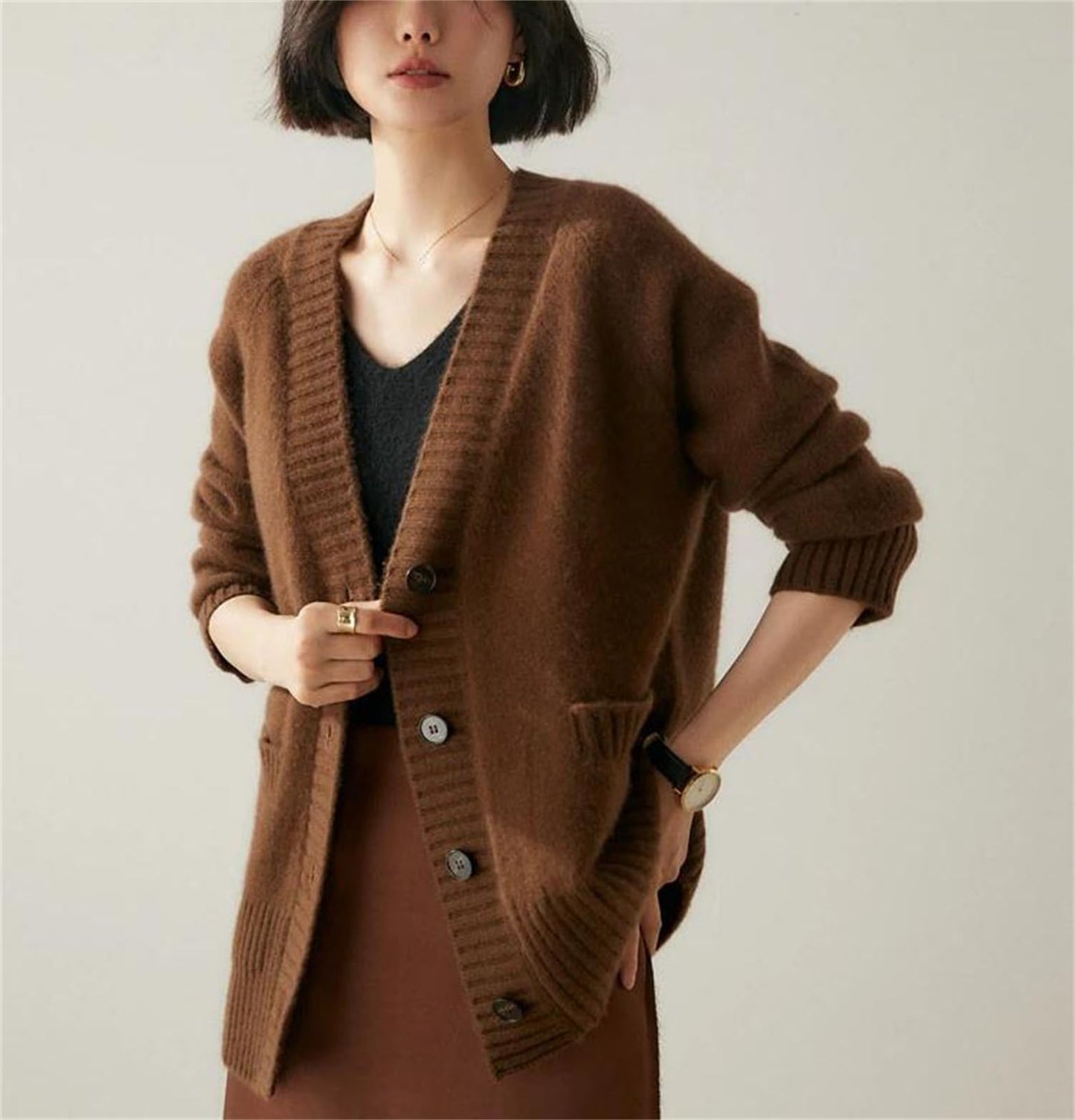 Single-Breasted Cashmere V-Neck Cardigan Sweater