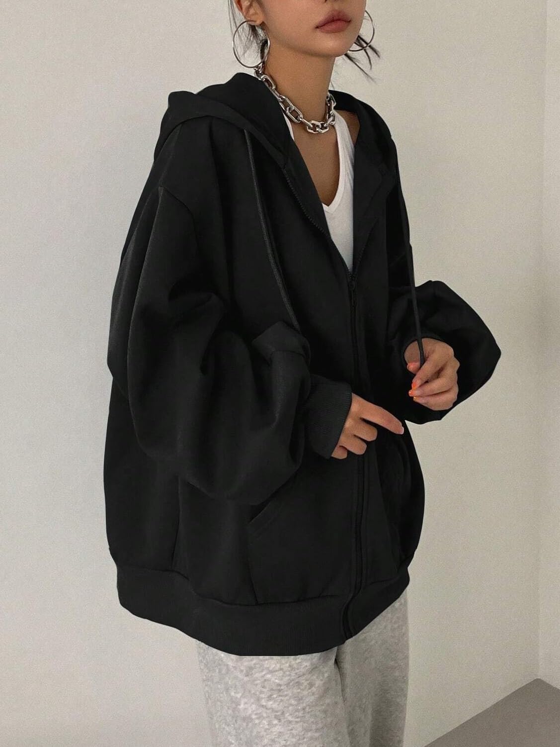 Zip Up Drop Shoulder Lined Hoodie Jacket