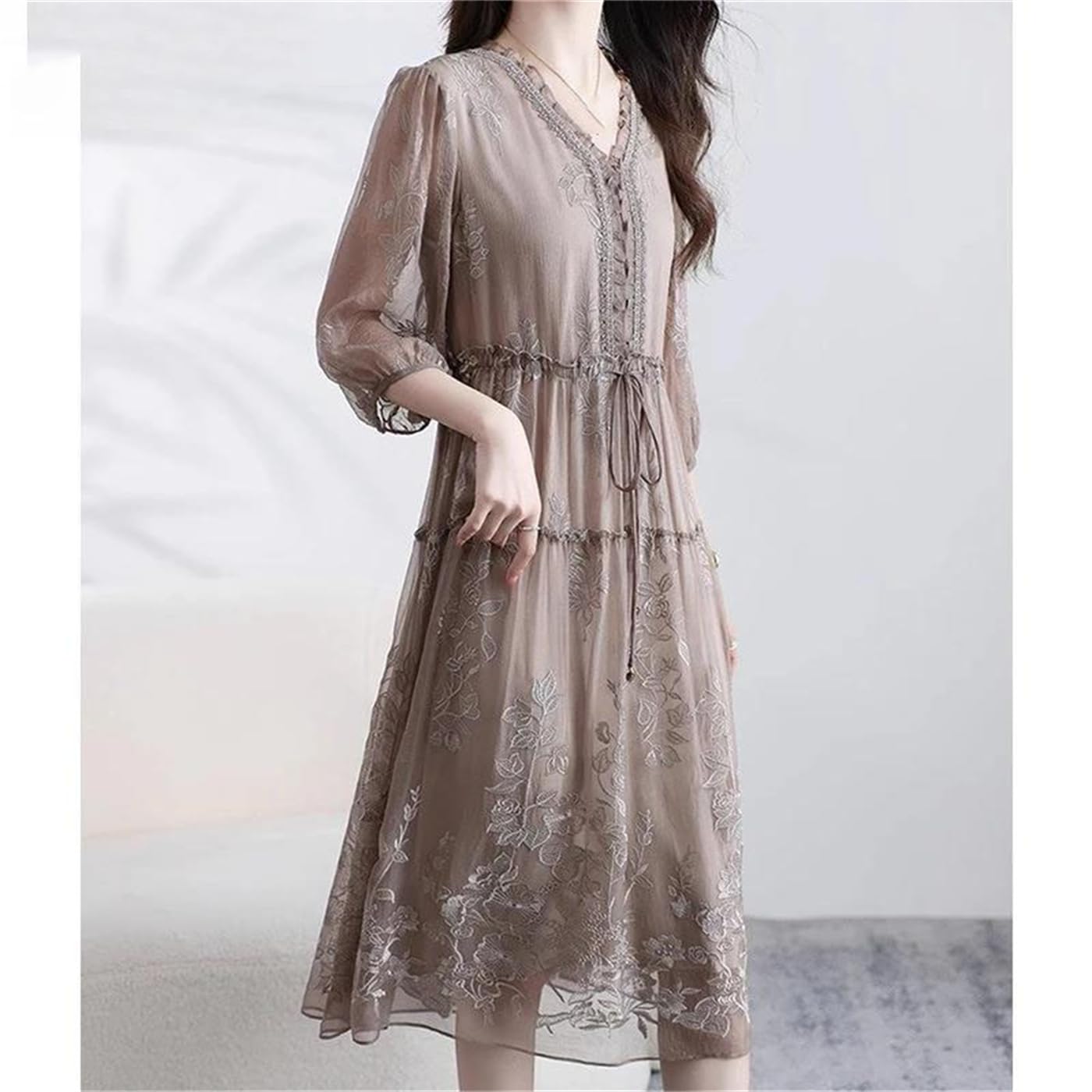 V-Neck Embroidered A-Line Midi Dress