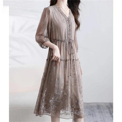 V-Neck Embroidered A-Line Midi Dress