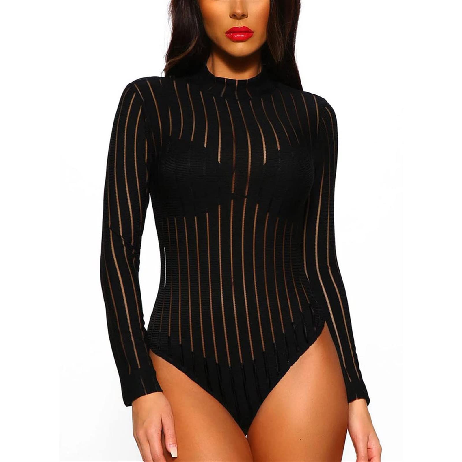 Sheer Striped High Neck Long Sleeve Bodysuit