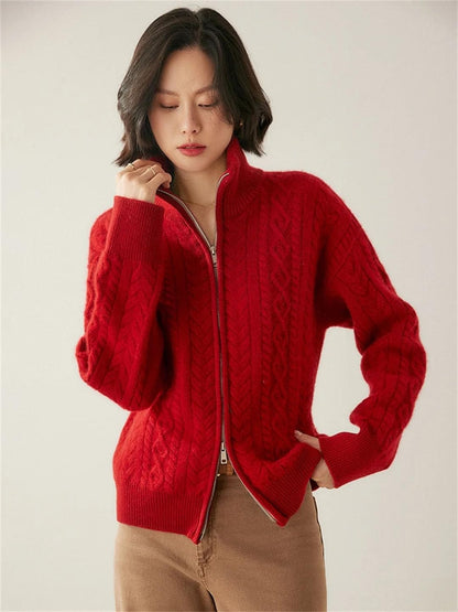 Zip Cable Knit Cashmere Cardigan Sweater