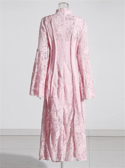 Stand Collar Flare Sleeve Embroidered Waist Dress