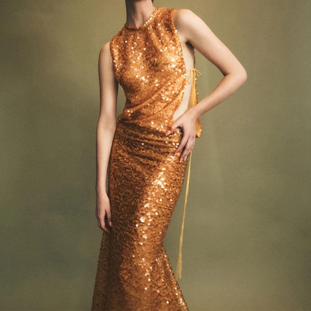 Sleeveless Formal Gold Evening Gown