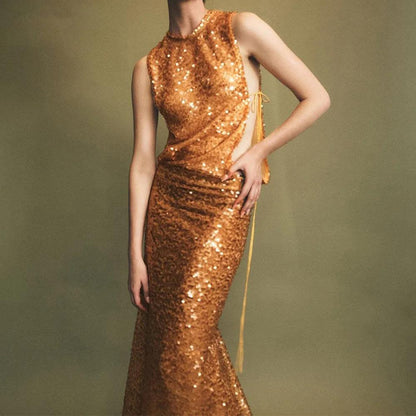 Sleeveless Formal Gold Evening Gown