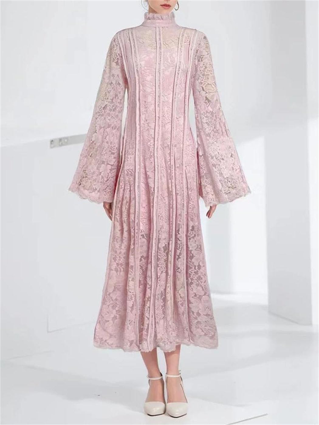 Stand Collar Flare Sleeve Embroidered Waist Dress