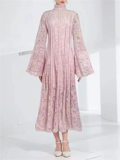 Stand Collar Flare Sleeve Embroidered Waist Dress