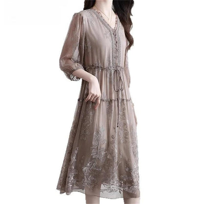 V-Neck Embroidered A-Line Midi Dress