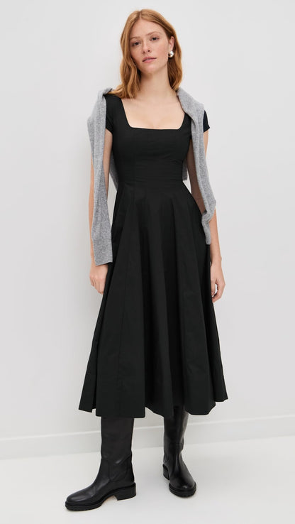 Short Sleeve Black Midi Dress