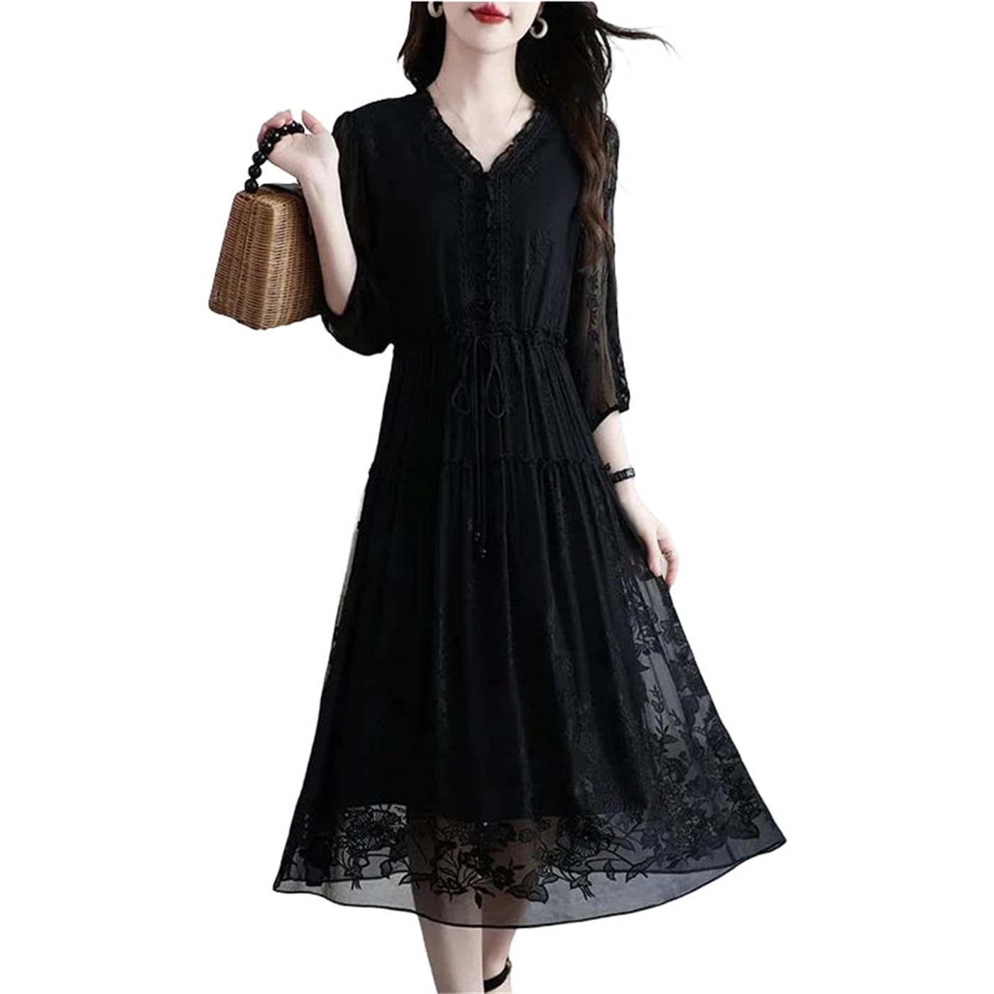 V-Neck Embroidered A-Line Midi Dress