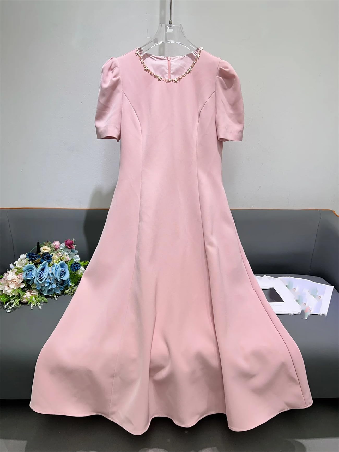 Beaded O-Neck A-Line Midi Dress