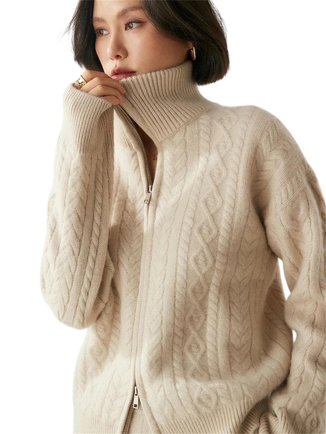 Zip Cable Knit Cashmere Cardigan Sweater