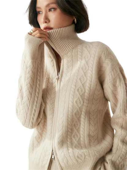 Zip Cable Knit Cashmere Cardigan Sweater
