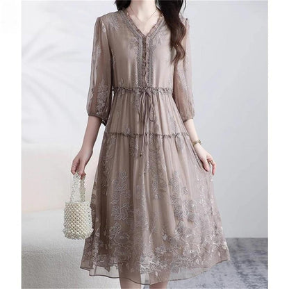 V-Neck Embroidered A-Line Midi Dress