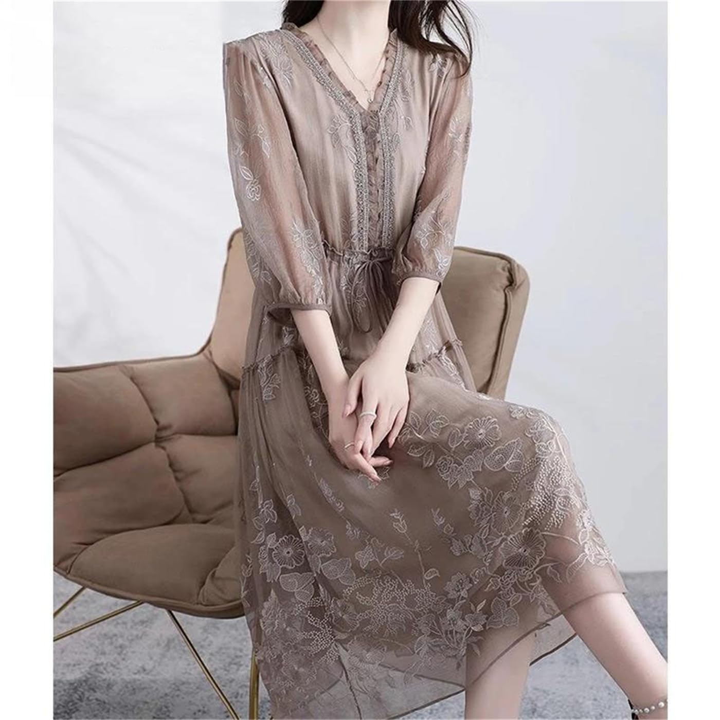 V-Neck Embroidered A-Line Midi Dress