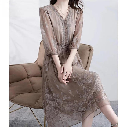 V-Neck Embroidered A-Line Midi Dress