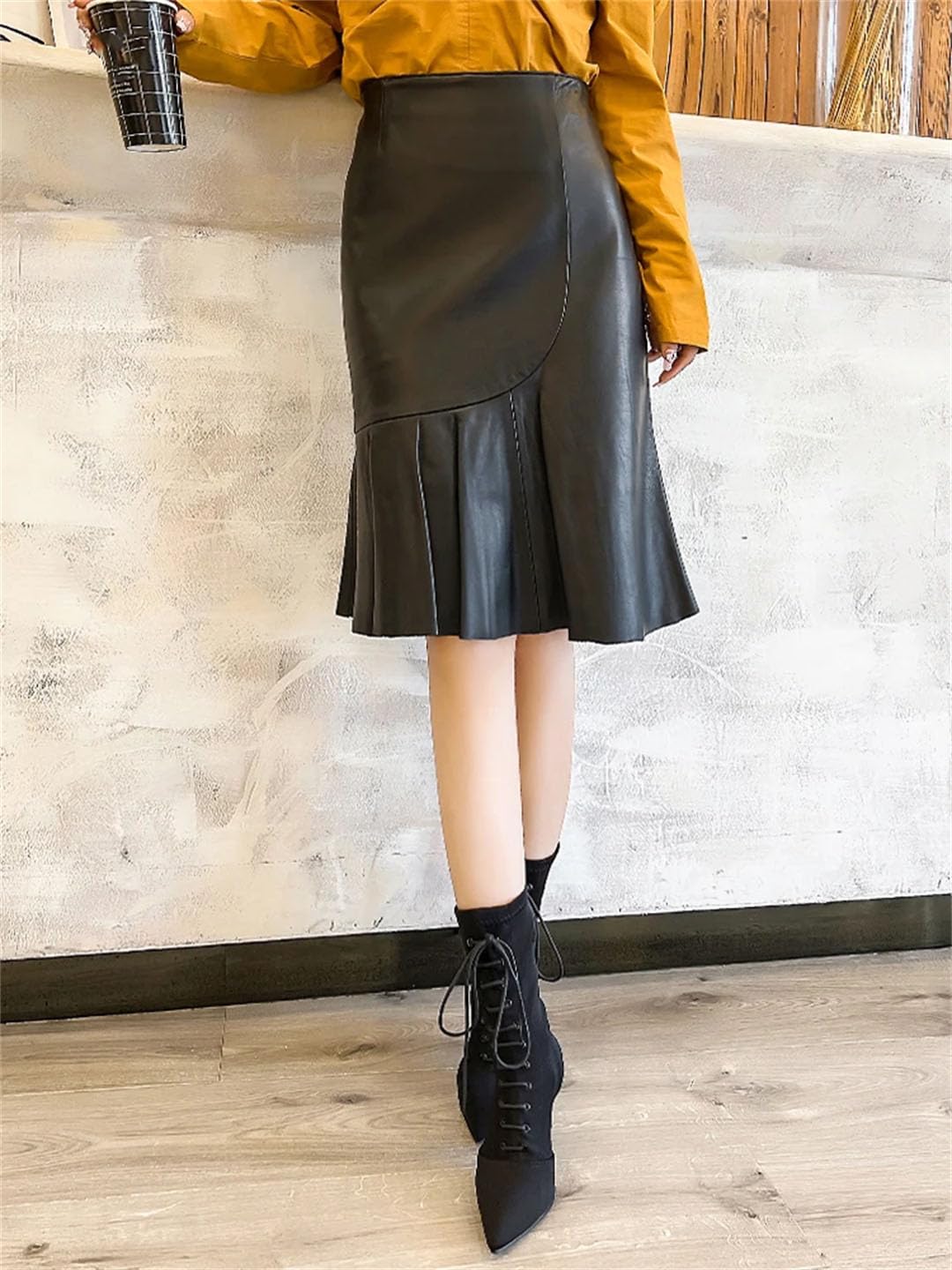 High Waist Knee-Length Mermaid Leather Skirt