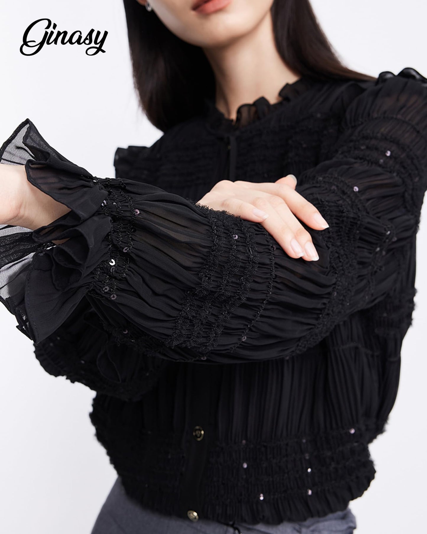 Sequin Ruffle Neck Button Down Shirt