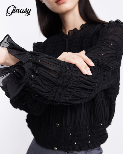 Sequin Ruffle Neck Button Down Shirt