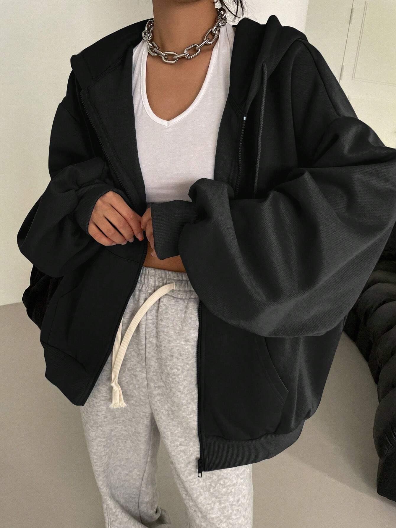 Zip Up Drop Shoulder Lined Hoodie Jacket