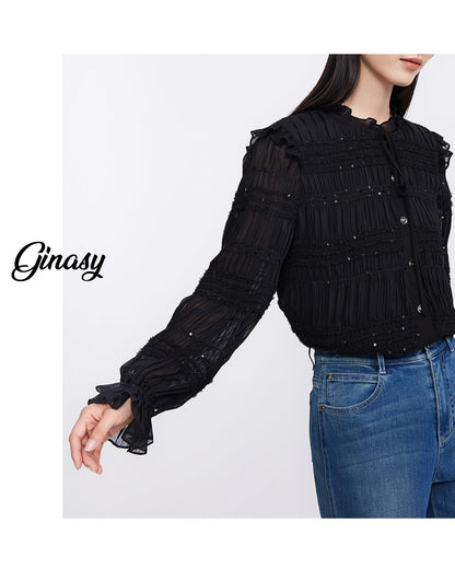 Sequin Ruffle Neck Button Down Shirt