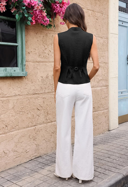Linen Notch-Collar Tie-Back Vest