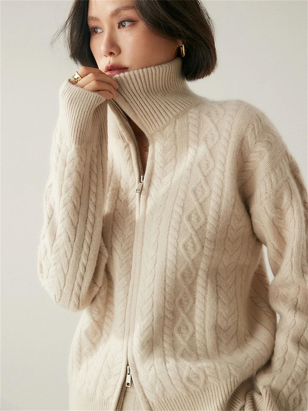 Zip Cable Knit Cashmere Cardigan Sweater