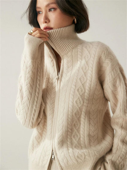 Zip Cable Knit Cashmere Cardigan Sweater