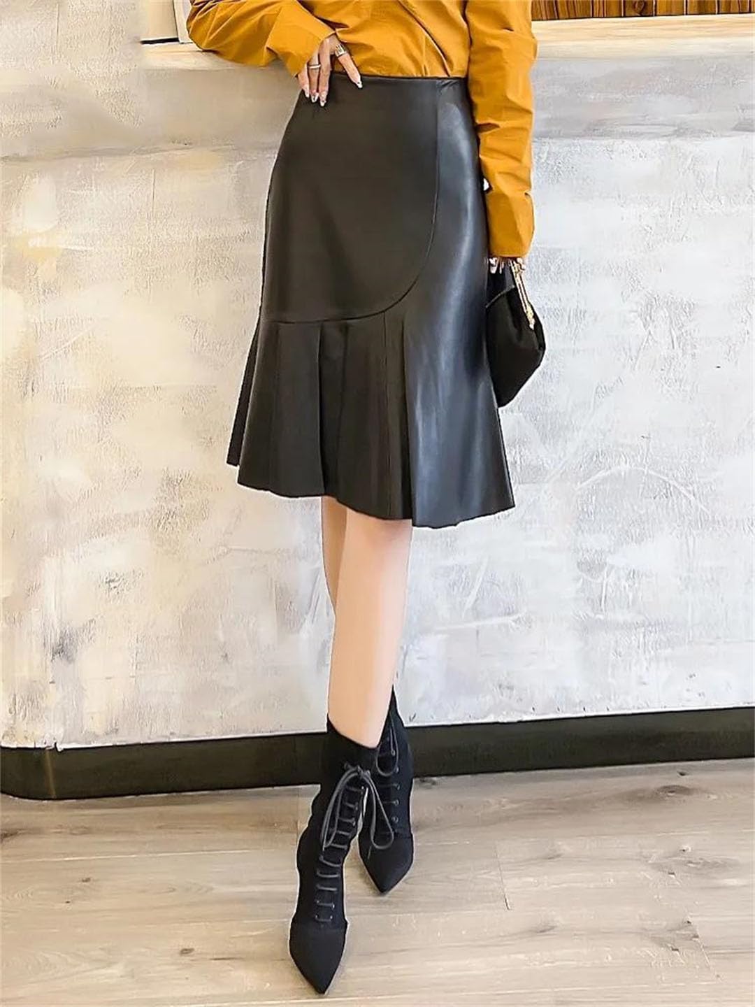 High Waist Knee-Length Mermaid Leather Skirt