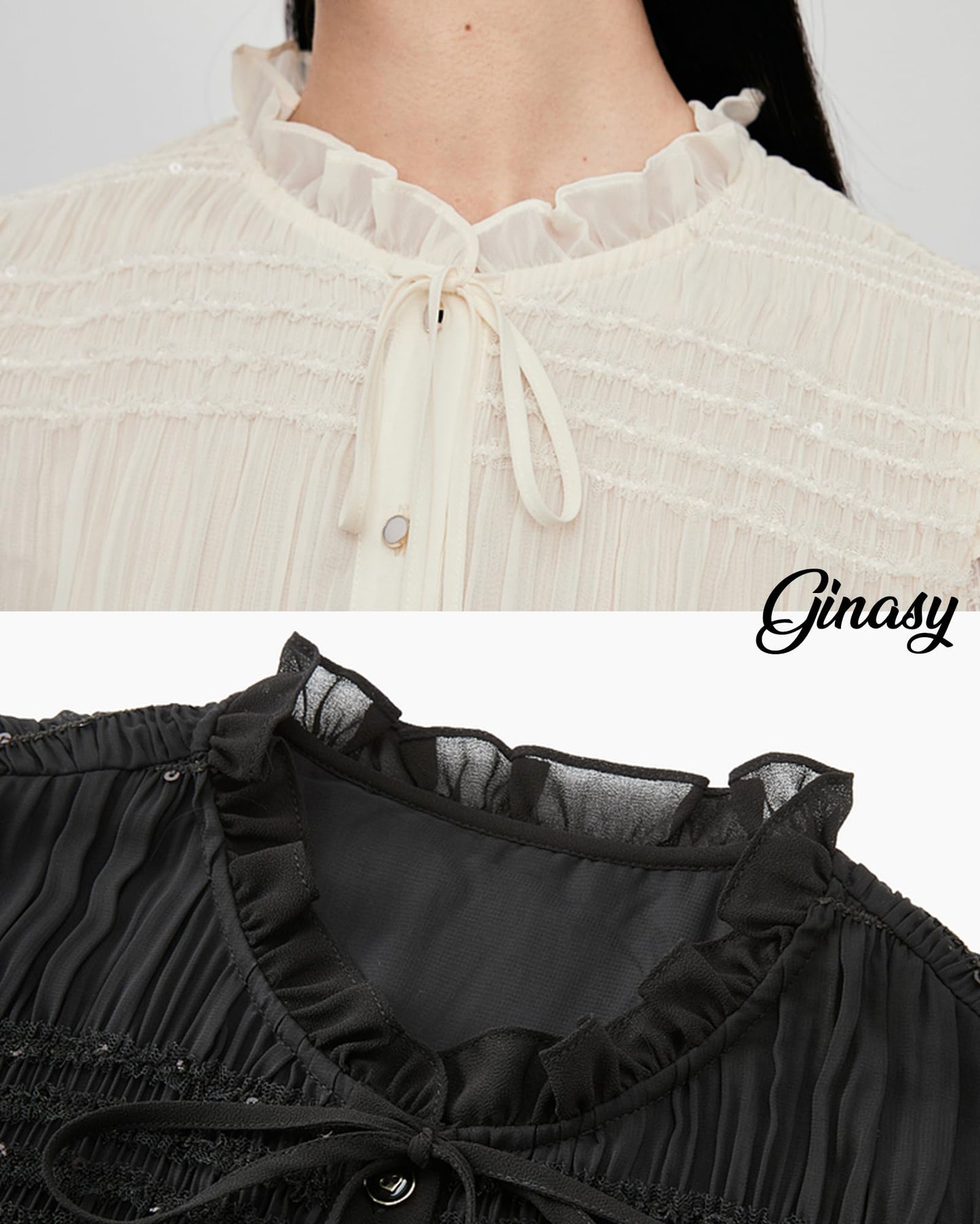 Sequin Ruffle Neck Button Down Shirt