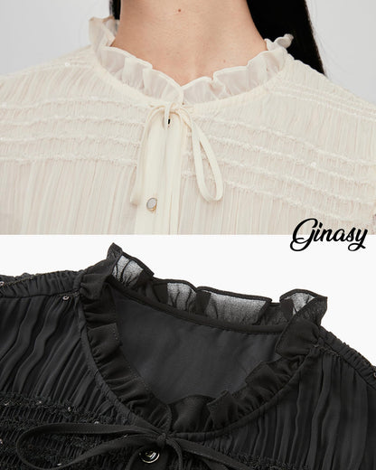 Sequin Ruffle Neck Button Down Shirt