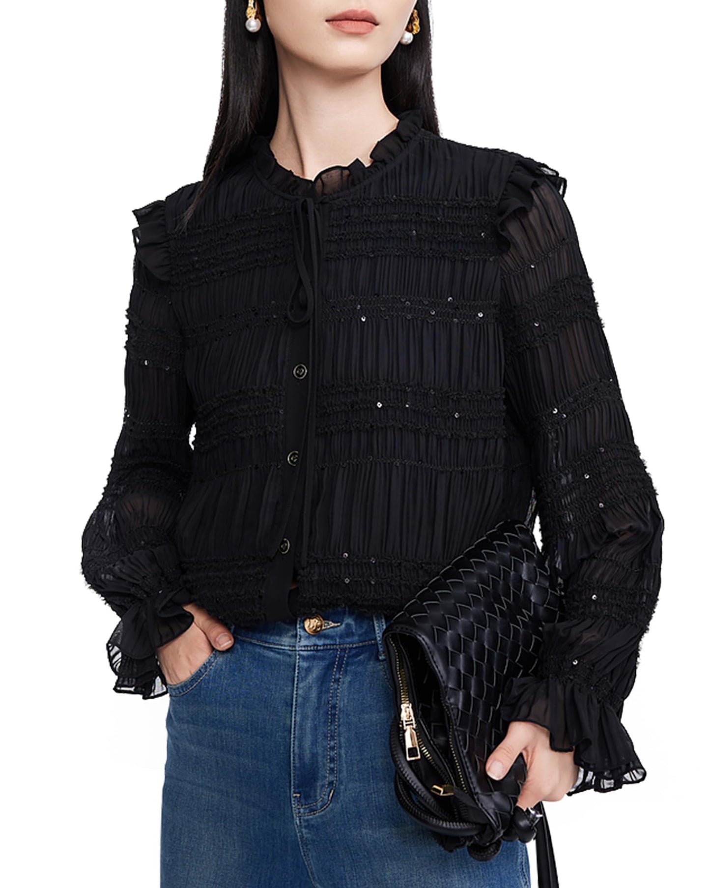 Sequin Ruffle Neck Button Down Shirt