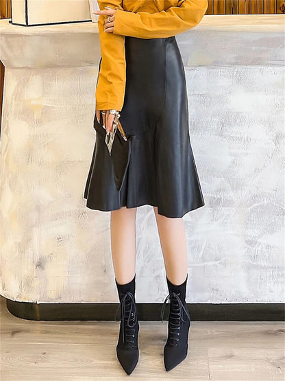 High Waist Knee-Length Mermaid Leather Skirt